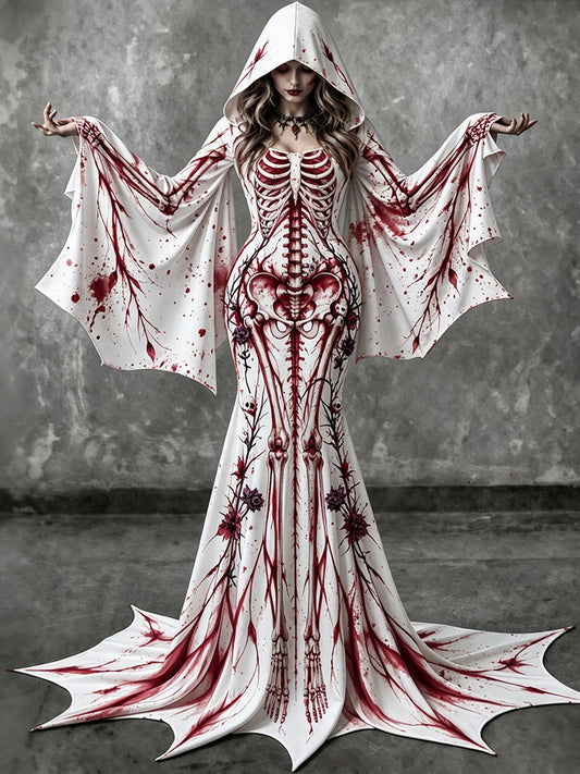 Women's Vintage Gothic Skeleton With Floral Batwing Flare Sleeve Round Neck Bodycon Maxi Dress With Hooded – Halloween Costume