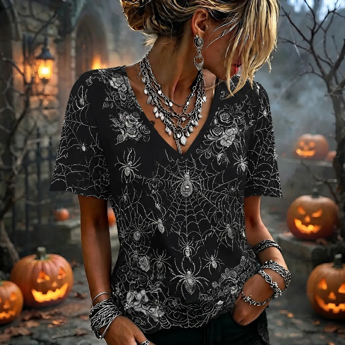 Women's Dark Boho Spiderweb Embroidered Blouse
