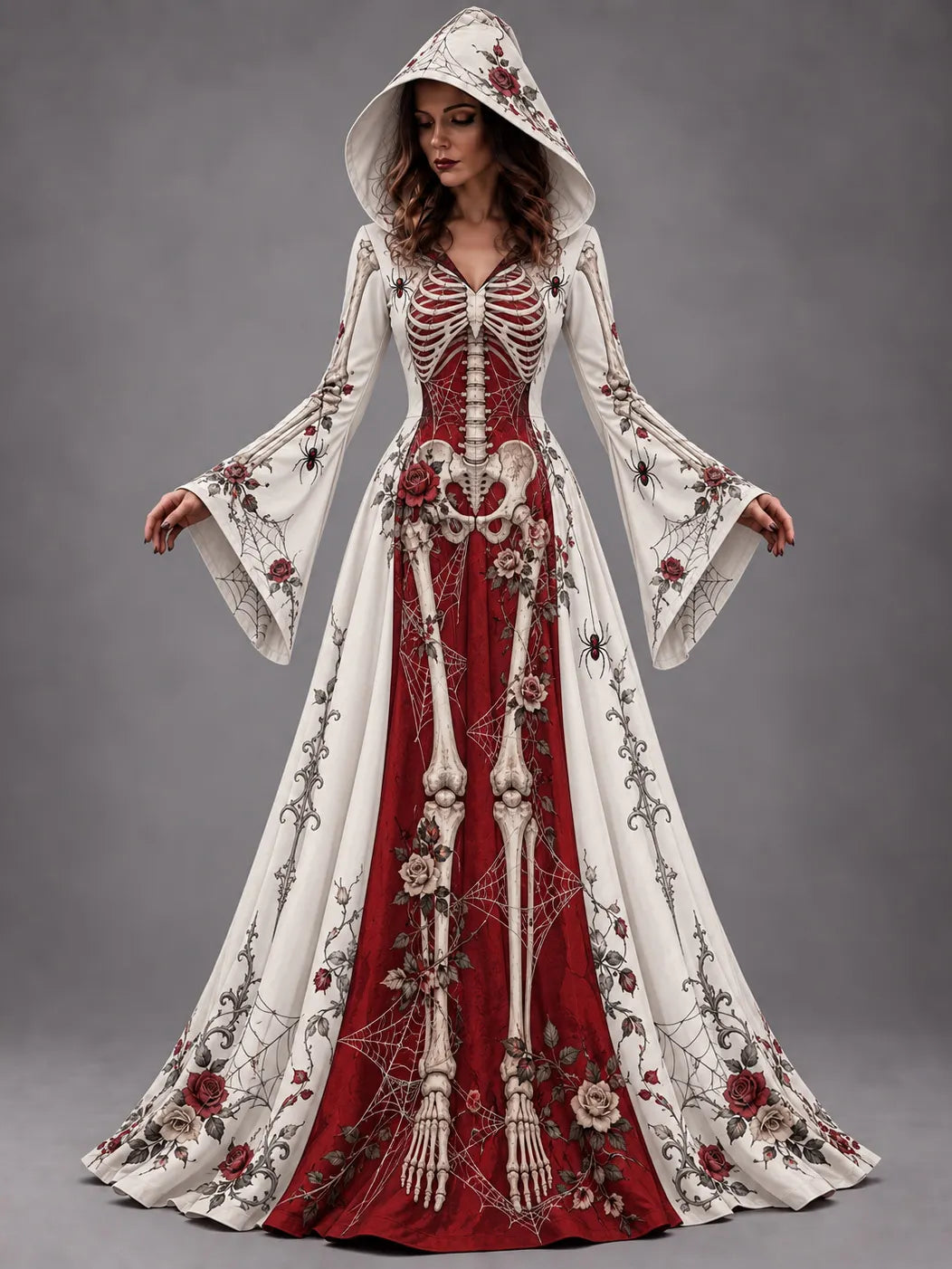 Women's Halloween Gothic Skeleton & Rose Floral Long-sleeve Hooded Long Dress