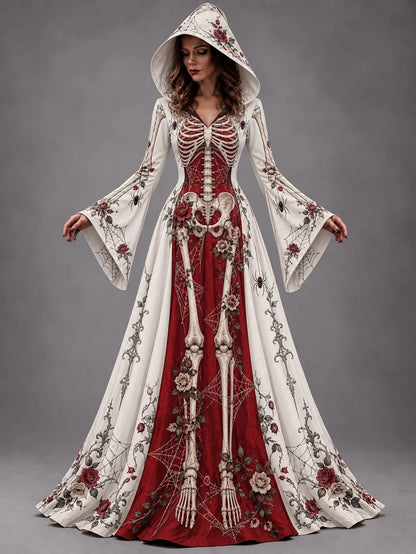 Women's Halloween Gothic Skeleton & Rose Floral Long-sleeve Hooded Long Dress