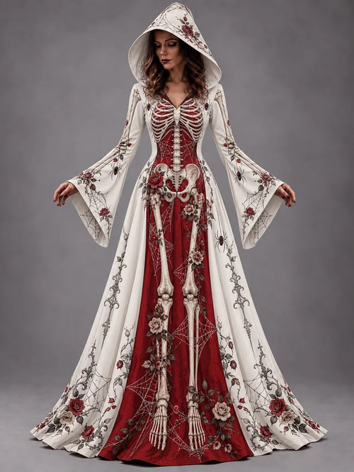 Women's Halloween Gothic Skeleton & Rose Floral Long-sleeve Hooded Long Dress