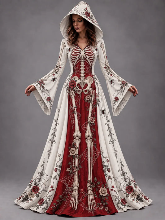 Women's Halloween Gothic Skeleton & Rose Floral Long-sleeve Hooded Long Dress
