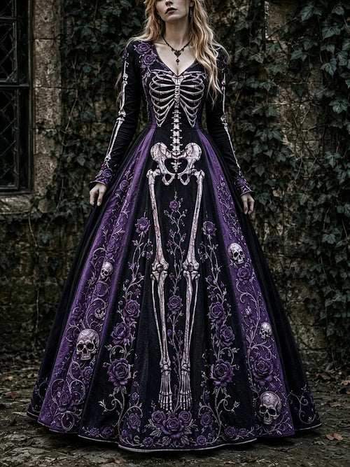 Women's Halloween Gothic Skeleton & Rose Art V-neck Maxi Dress