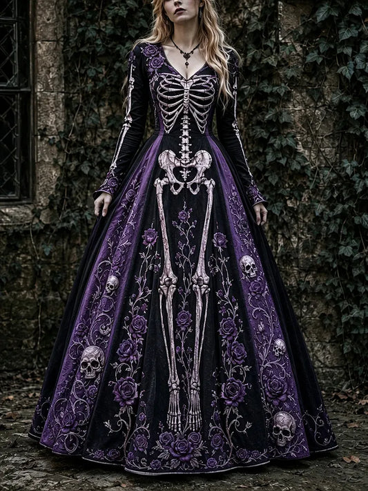 Women's Halloween Gothic Skeleton & Rose Art V-neck Maxi Dress