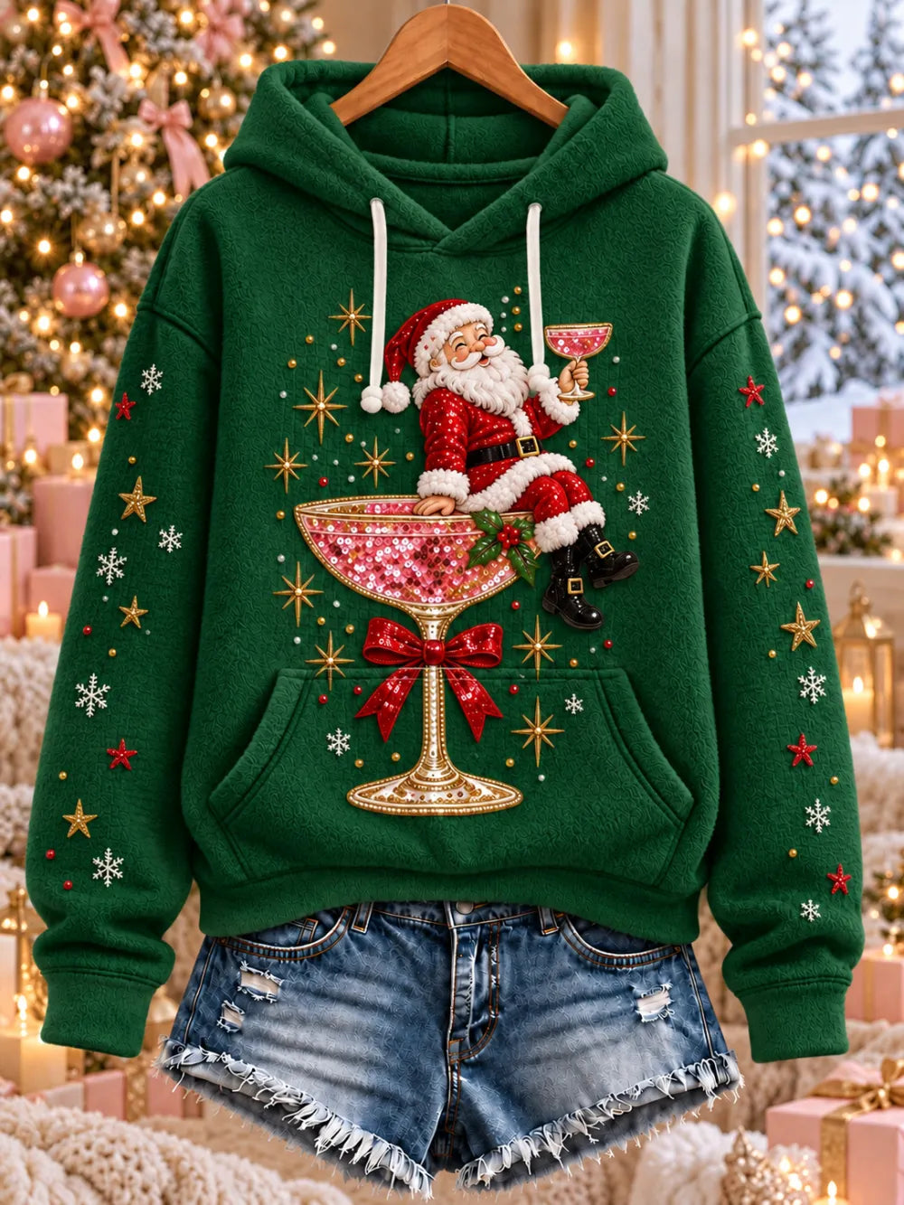 Women'S Christmas Themed Printed Flannel Hoodie