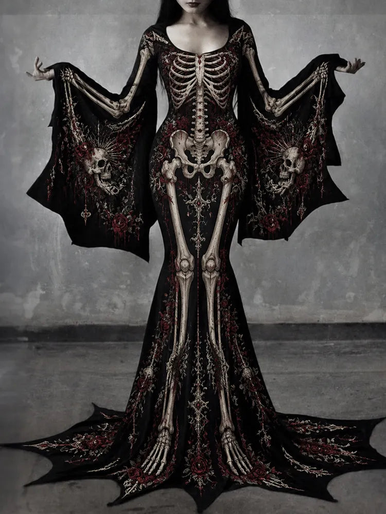 Women's Gothic Skeleton With Skull Face Batwing Flare Sleeve Round Neck Bodycon Maxi Dress – Halloween Costume