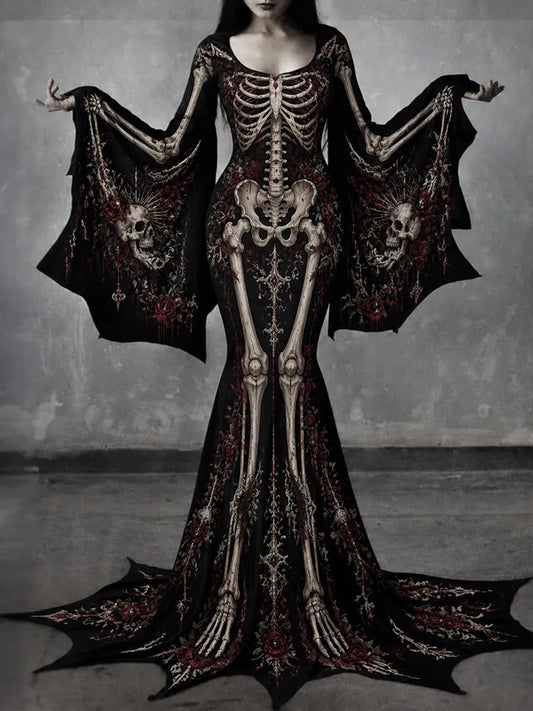 Women's Gothic Skeleton With Skull Face Batwing Flare Sleeve Round Neck Bodycon Maxi Dress – Halloween Costume