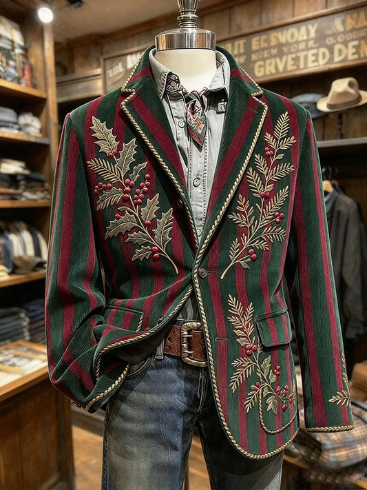 Men's Vintage Holly Berry Christmas Stripe Print Long Sleeve Corduroy Blazer