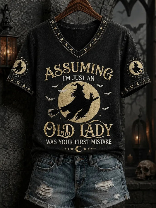 Assuming I'm Just An Old Lady Women's Halloween Print Pattern Casual V-neck T-shirt