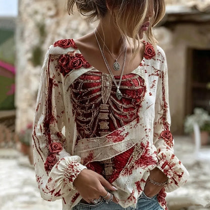 Women's Halloween Bloody Human Skeleton With Floral Art Casual Long Sleeve Tops
