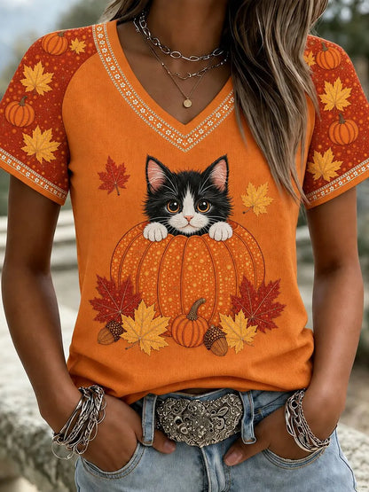Women's Autumn Pumpkin Cat Art Print V-neck Short Sleeve Casual T-shirt
