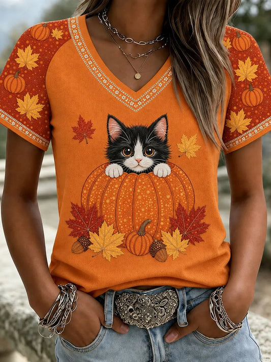 Women's Autumn Pumpkin Cat Art Print V-neck Short Sleeve Casual T-shirt