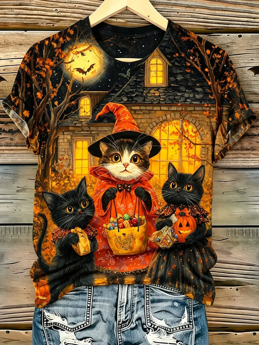 Women's Retro Halloween Theme Cat Print Casual T-shirt