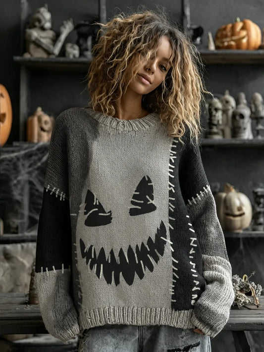 Halloween Spooky Face Contrast Stitched Cozy Knit Sweater