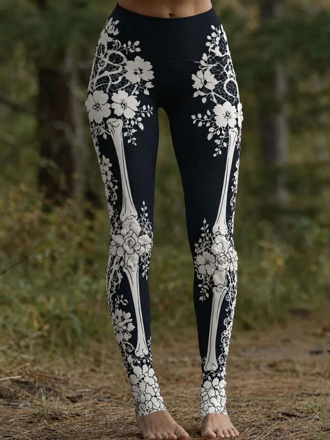 Women's Vintage Halloween Skeleton & Rose Art Leggings