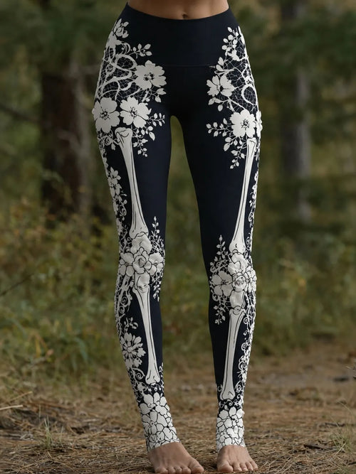 Women's Vintage Halloween Skeleton & Rose Art Leggings
