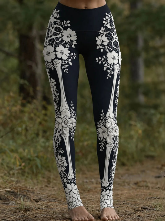 Women's Vintage Halloween Skeleton & Rose Art Leggings