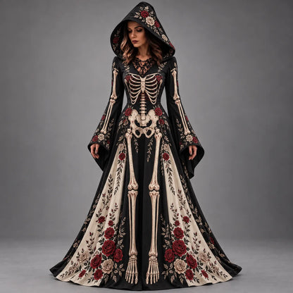 Women's Halloween Gothic Skeleton & Rose Floral Color Blocking Long-sleeve Hooded Long Dress
