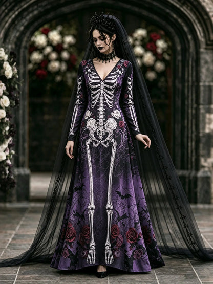Women's Retro Halloween Gothic Skeleton Floral Art V-neck Maxi Dress