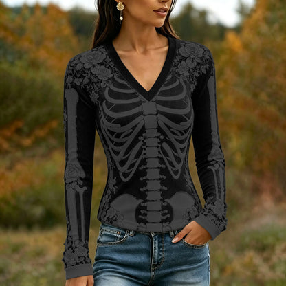 Women's Halloween Skeleton Bones With Roses Art Casual Long Sleeve V Neck T-shirt