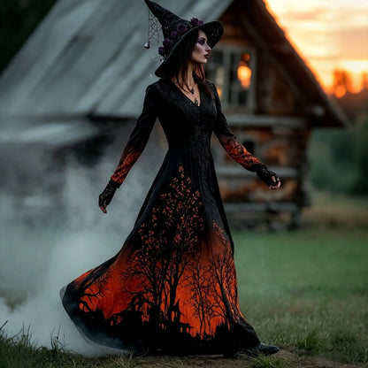 Women's Halloween Gradient Treehouse Print Witch V-neck Maxi Dress