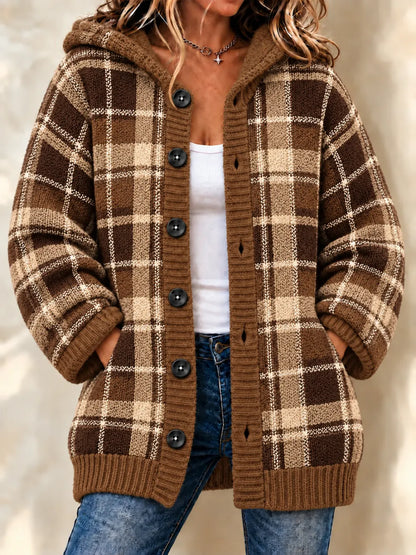 Women'S Grid Casual Hooded Long Cardigan